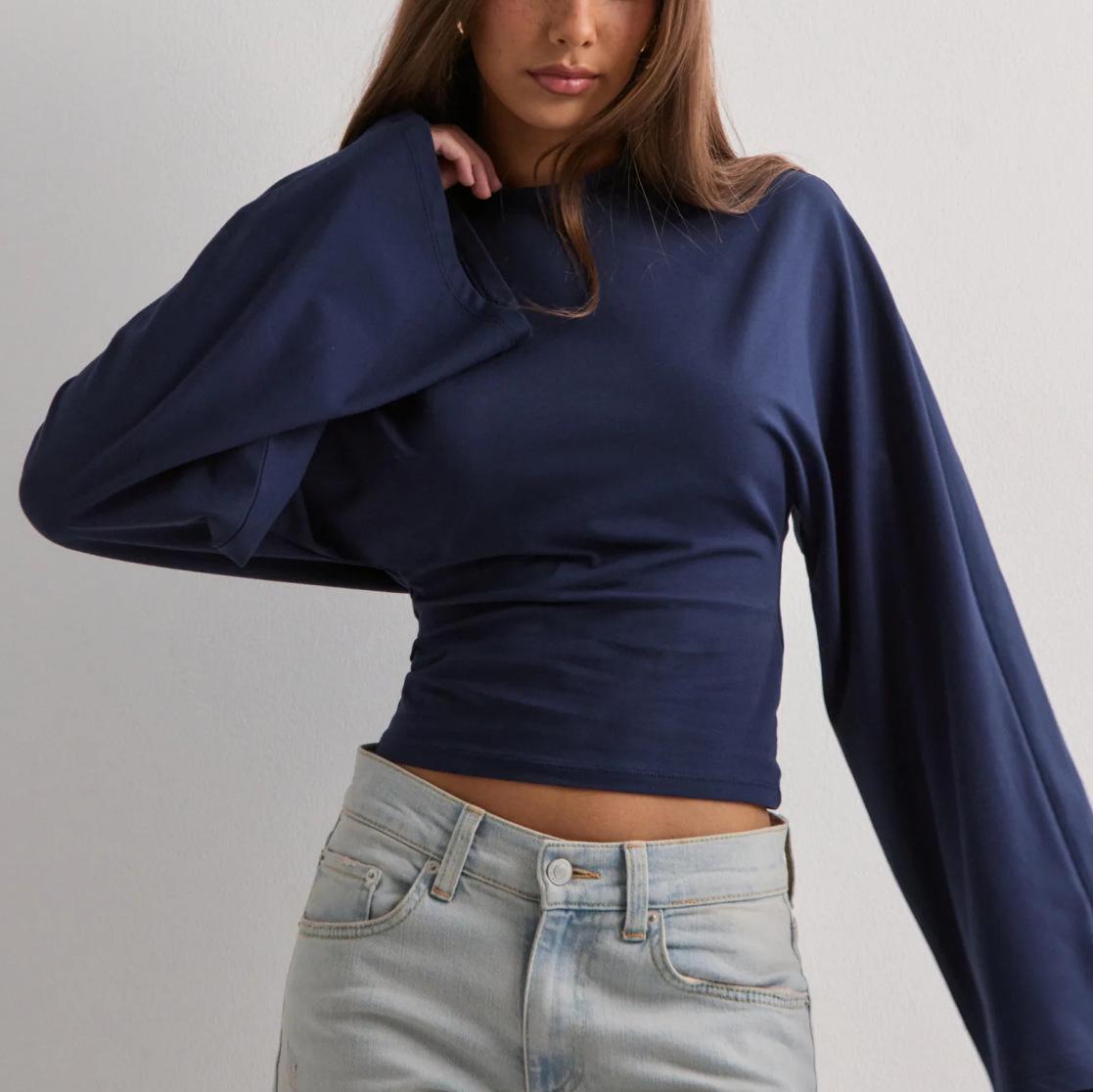 

Женский повседневный топ однотонного цвета с круглым вырезом и длинными рукавами, приталенный, осень 2025 S темно-синий