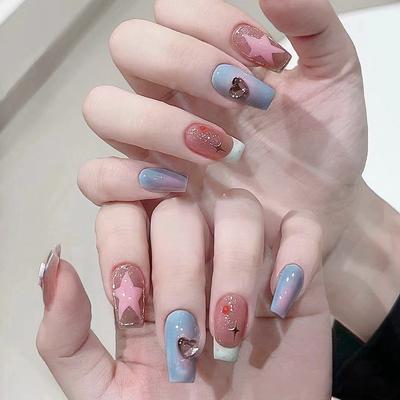 Small Fresh Medium and Long Ballet Nail Pink and Blue Star Love Manicure Tablets, Less Sweet Fake Nail Products