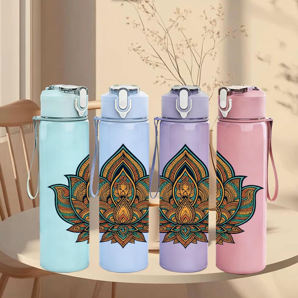 1PC Golden Lotus Mandala 750ml Color Plastic Sports Water Bottle Leakproof Flip Straw Lid Suitable for Sports Office Home Use