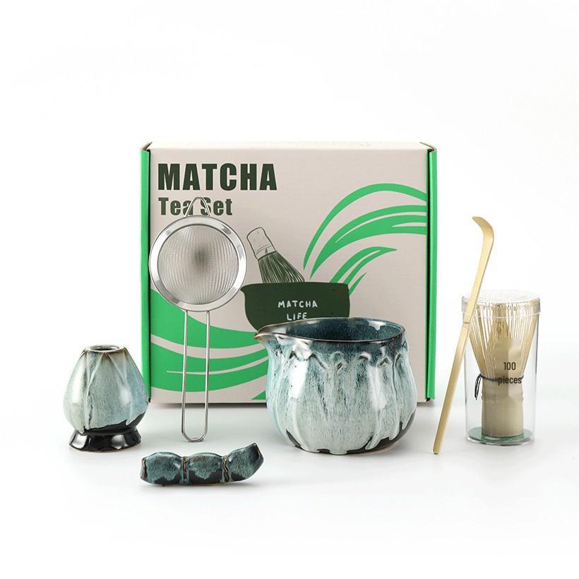Ceramic Japanese Matcha Tea Ceremony Set with Hundred-Pronged Whisk, Holder, and Brush