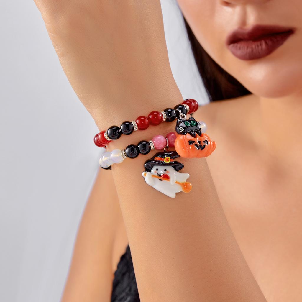 Halloween Ghost Pumpkin Pendant Couple Bracelets for Women Men Handmade Elastic Beaded Witch Anatomy Heart Bracelet Jewelry