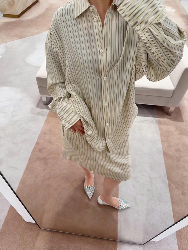 Wen Jiu 26 Early Spring New 100% Mulberry Silk Striped Loose Women's Shirt