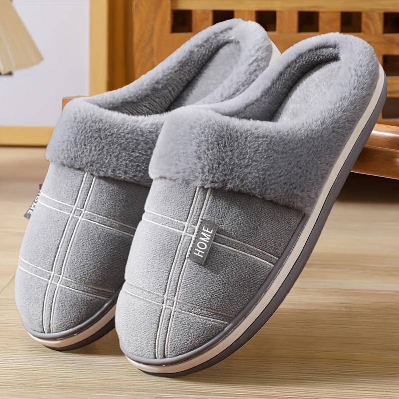 [Warm Slippers] Warm Plaid Men s Winter Slippers | Plush Indoor Shoes for Men, Home Slippers 42-43