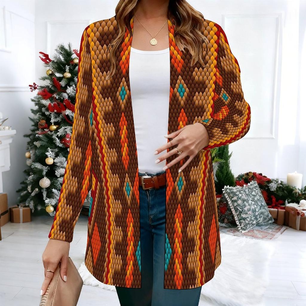 Women's Retro Kilim Motif 3D Print Long Sleeve Open Front Cardigan, Casual Loose Fit Lightweight Street Style Outerwear