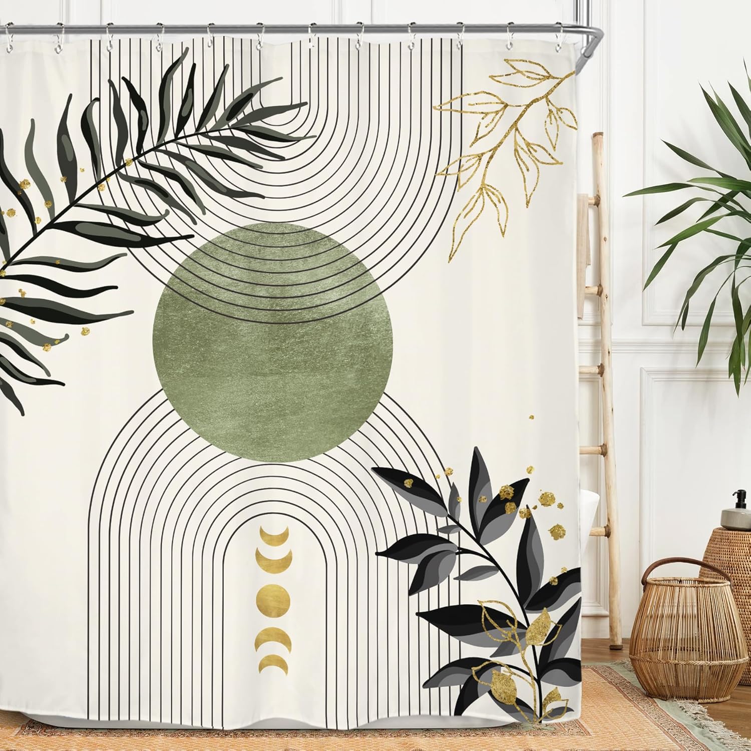 

Miyotaa Minimalist Sage Green Black Shower Curtain Set 60Wx71H Inches Abstract Modern Contemporary Aesthetic Arch Moon Phase Neu 90x180cm