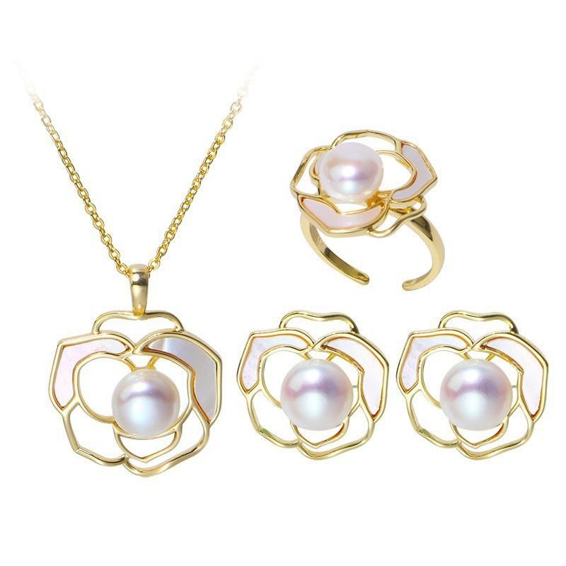 Women's Camellia Flower Design 3-Piece Jewelry Set with Earrings and Short Necklace