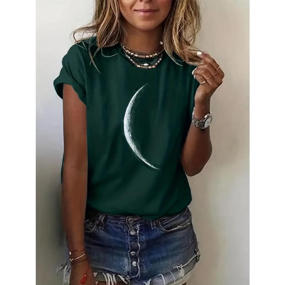 Bending Moon 3D Print Round Neck Short Sleeved T-shirt for Women Tees Breathable Polyester Stretch Comfortable for Everyday