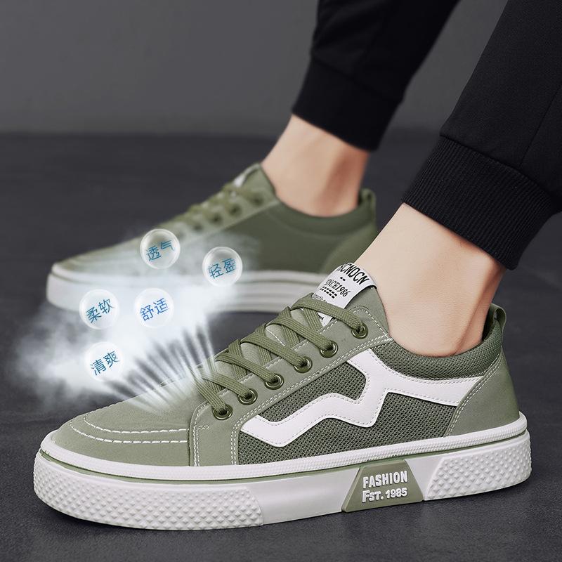 2024 Summer New Canvas Splicing Mesh Breathable Board Shoes College Style Flat Bottom Lace-up Sports Thin Men's Shoes