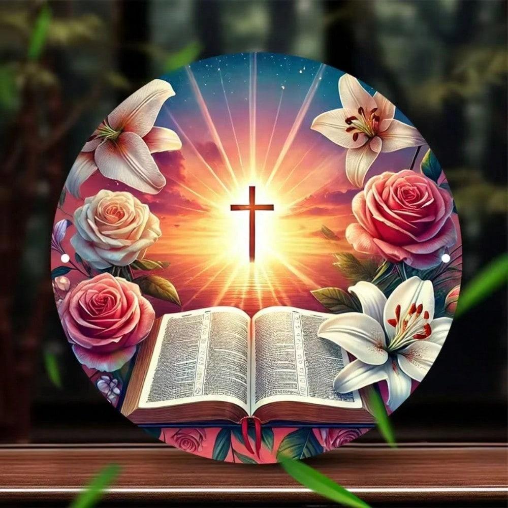 Metal Wall Art Vintage Floral Cross Pink Roses White Lilies Home Decor 20x20