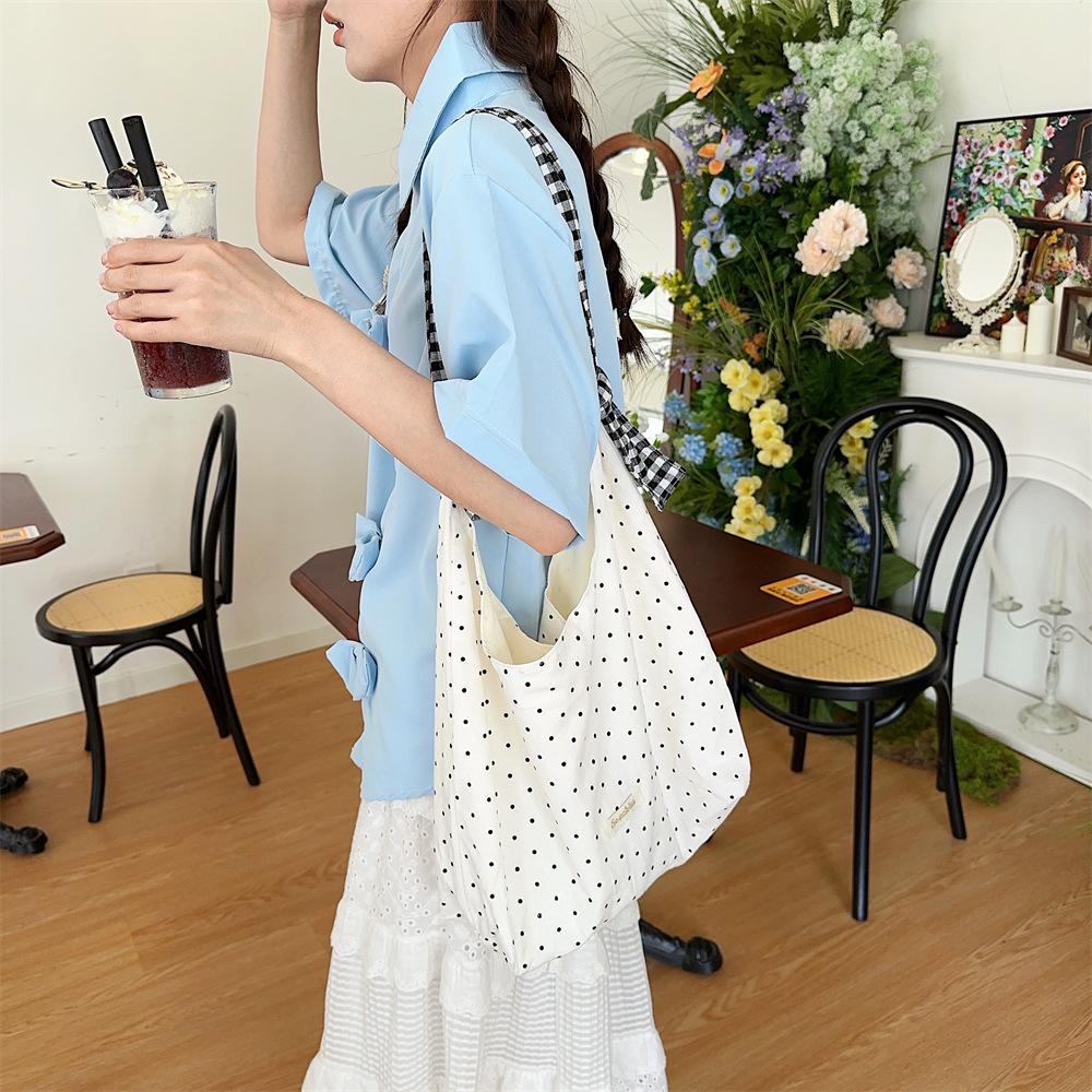 Women Canvas Shoulder Bag Simple Dots Large Capacity Tote Handbag Casual Crossbody Travel Shopper