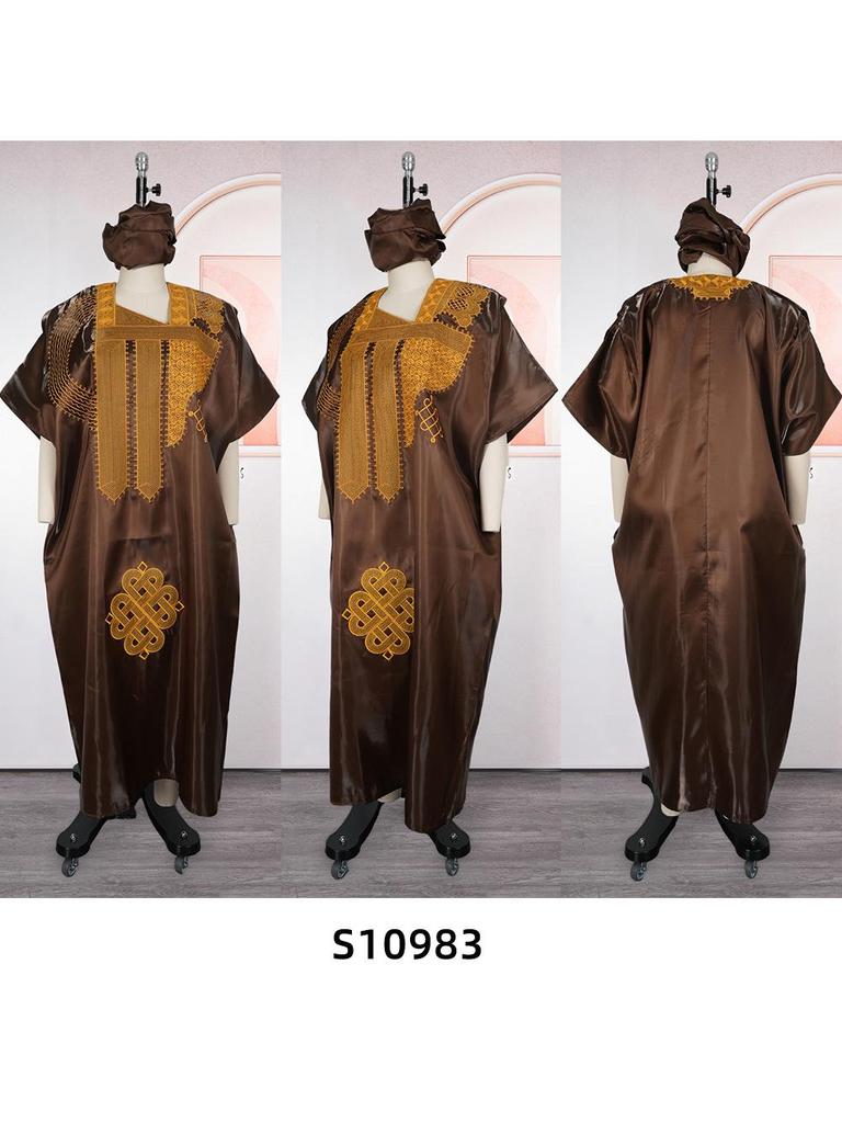 Plus Size Women's Fashion Satin Square Neck Embroidered Loose Long Robe Dress