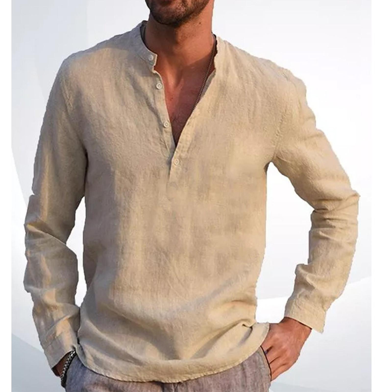 

Дизайнерские весенне-летние мужские повседневные рубашки из хлопка и льна, однотонные рубашки с длинными рукавами, свободные рубашки с воротником-стойкой XXXL хаки