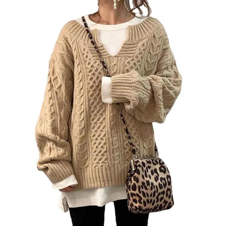 Casual Loose V-neck Knitted Sweaters Long Sleeve Women Jumpers for Ladies Autumn Winter Pullovers