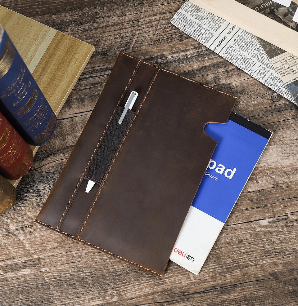 A5 Crazy Horse Leather Notebook Cover with Pen Slot - Handmade Cowhide Simple Wipe-Open Design