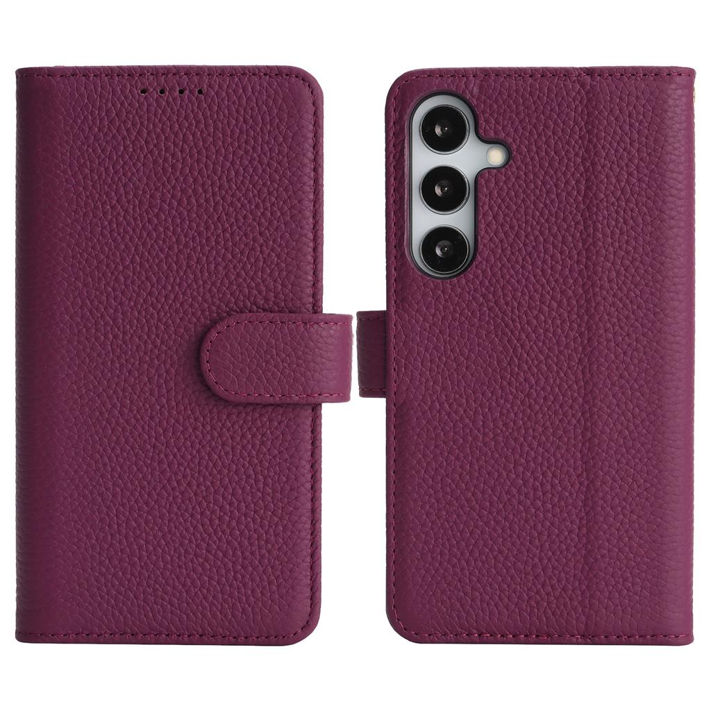 For Samsung Galaxy S25 Stand Case Litchi Texture Genuine Cow Leather Wallet Phone Cover RFID Blocking