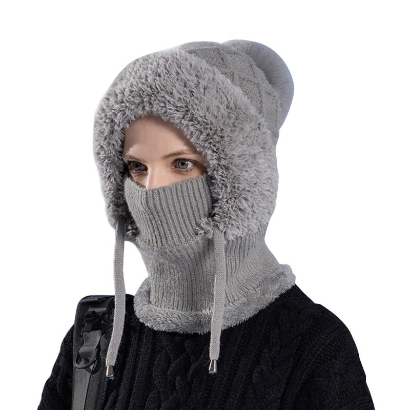 2in1 Winter Warm Ear Flap Scarf Hat Women Knit Hooded Balaclava Hat with Plush Liner Outdoor Activity Pullover Skull Hat