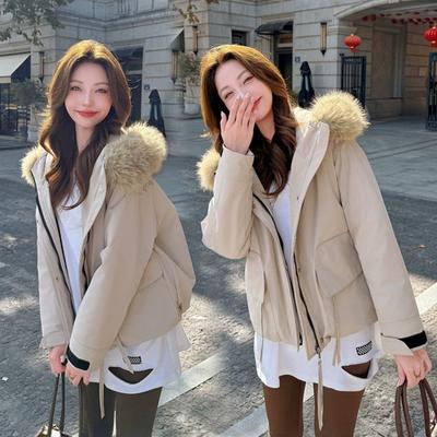ملابس قطنية نسائية جديدة شتوية بغطاء رأس واسعة قصيرة فطيرة صغيرة جاكيت بتصميم عملي بياقة فرو كبيرة
