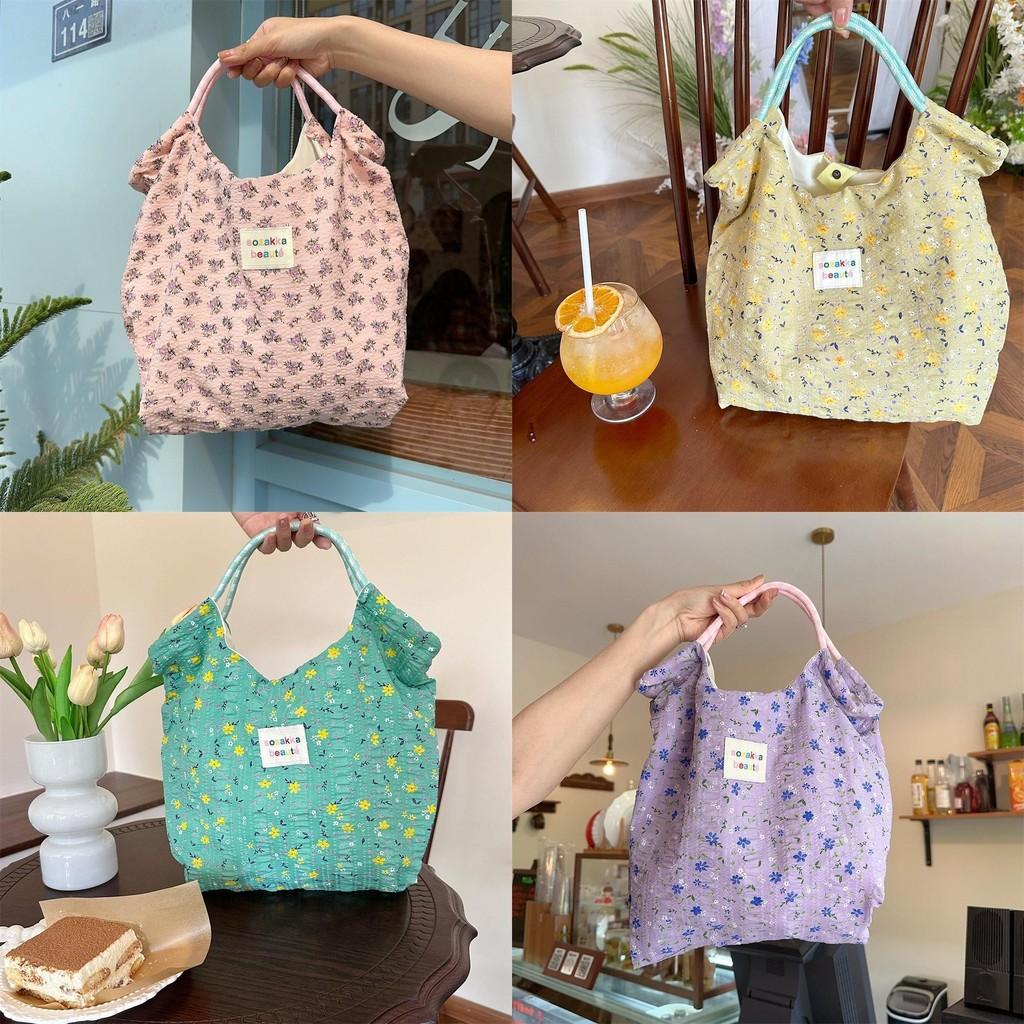Stylish Korean Floral Print Canvas Tote Bag For Spring Summer With Large Capacity And Soft Design Ideal For Beach And Vacation Activities