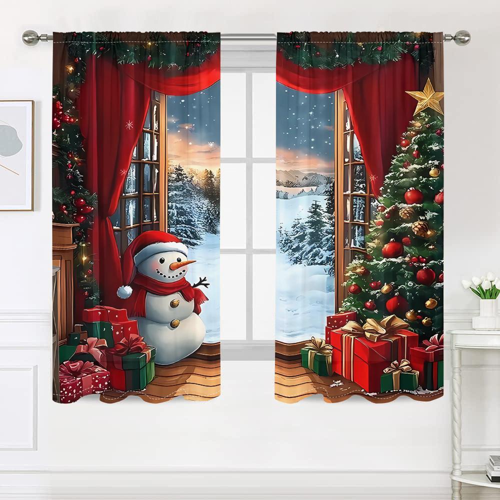 2 Pieces, Christmas Snowman Christmas Tree Curtains - Semi Blackout - Suitable for Living Room, Bedroom, Kitchen, Home Decoratio