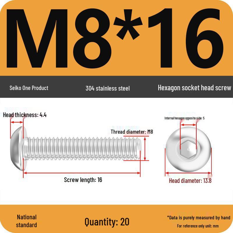 304 Stainless Steel Pan, Half, and Round Head Hexagon Screws (M2-M12)