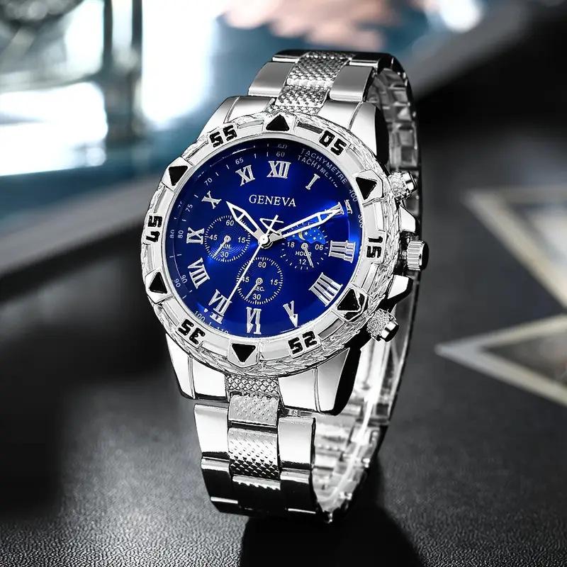 Blu-Ray Glass Men S Watch Men S Watch Large Dial Three-Eye Steel Belt Watch Men S