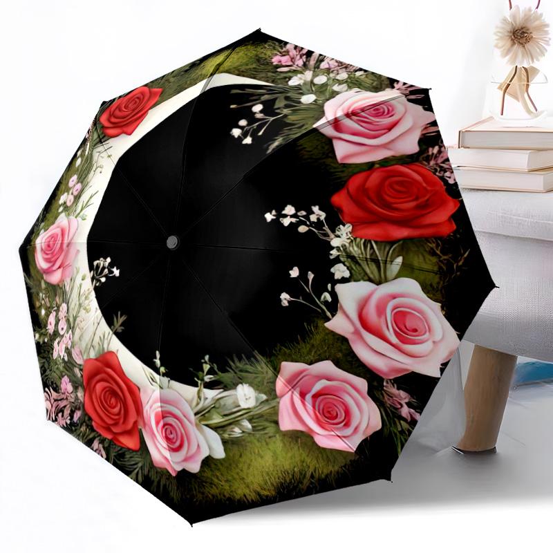 Rosen Garten Teller Automatischer Regenschirm Stabiler 8-Speichen-Schaft Langlebiger Kunststoff & Eisen Ganzjahres-Reise-Outdoor-Zubehör Geschenk für Festivals
