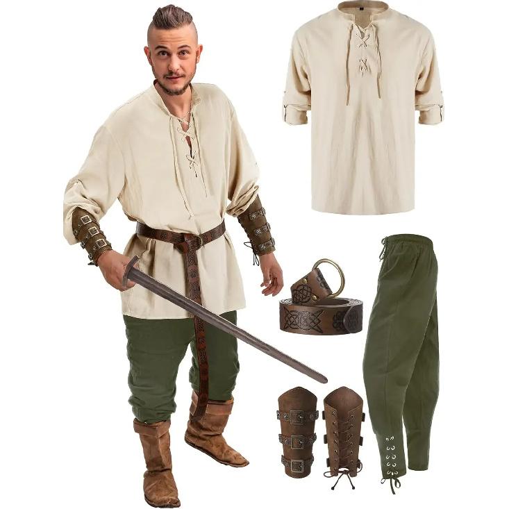 4 Pcs Halloween Men's Renaissance Costume Set Medieval Pirate Shirt Ankle Banded Pants Viking Belt Accessories