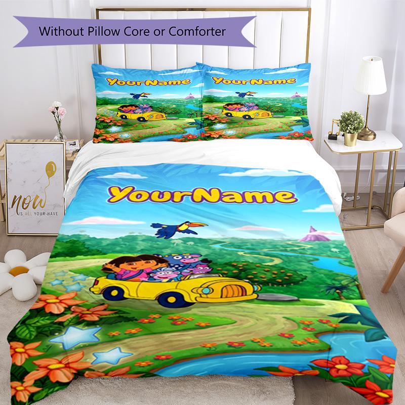 Dora Explorer Customize Your Name Bedding Set Breathable Duvet Cover with Pillowcases Home Decoration Birthday Gift