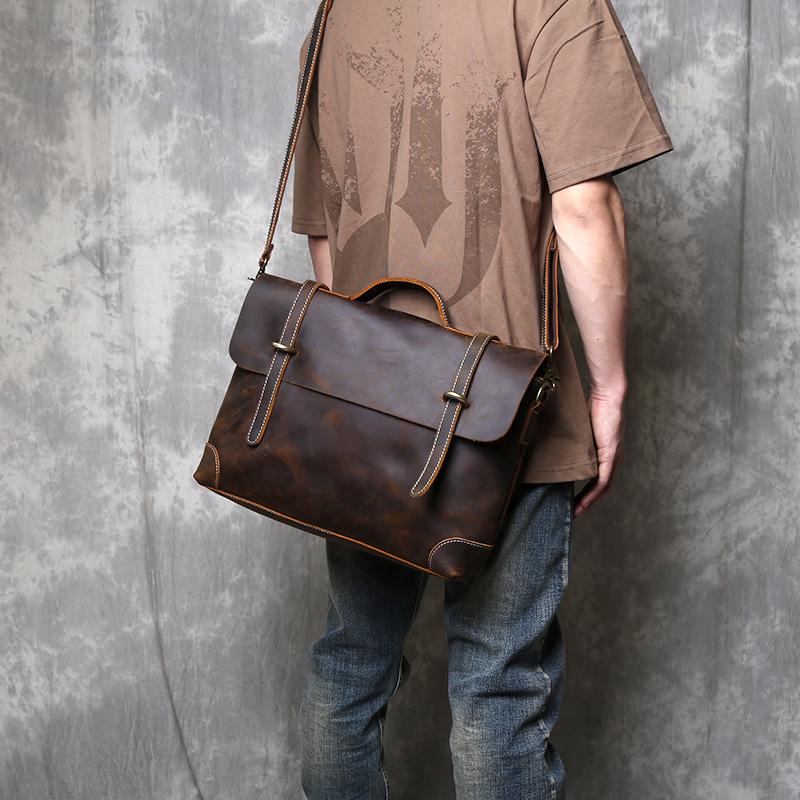 Men's Retro Genuine Leather Crossbody Messenger Bag - Handmade Crazy Horse Cowhide Briefcase
