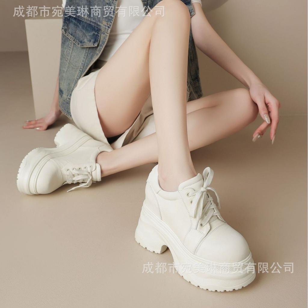 12Cm round head super high heel platform leather single shoes women's 2025 spring and autumn new waterproof table muffin lace-up small leather shoes