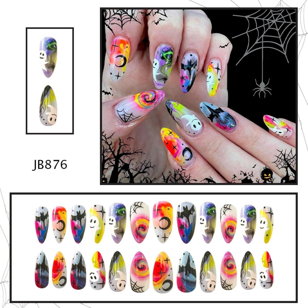Halloween Press on Nails Medium Almond Fake Nails with Designs Cute Ghost Stick on Nails Rainbow Swirl False Nails Bat Acrylic Nails Cobweb
