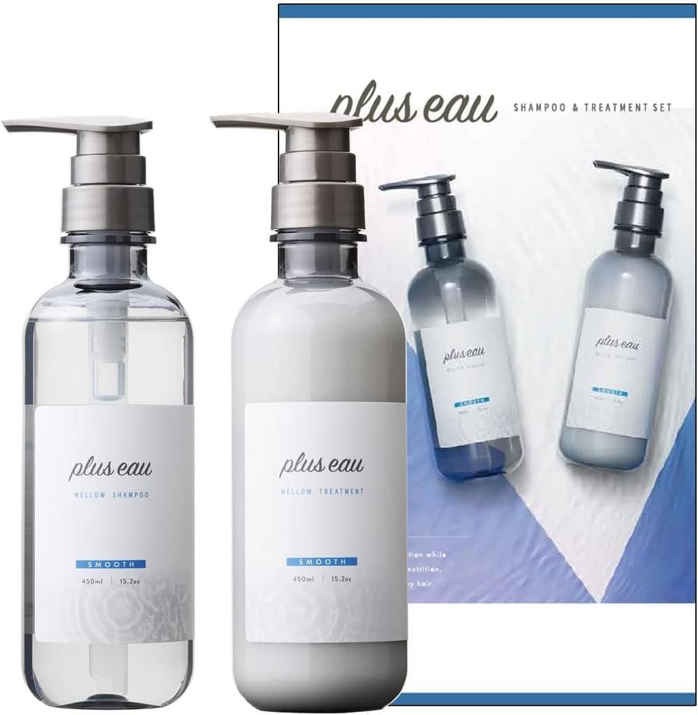 Plus Eau Plus Eau Shampoo and Treatment, Mellow, with Silk Serum Ingredients, Silicone-Free, 450ml (Set of 2)