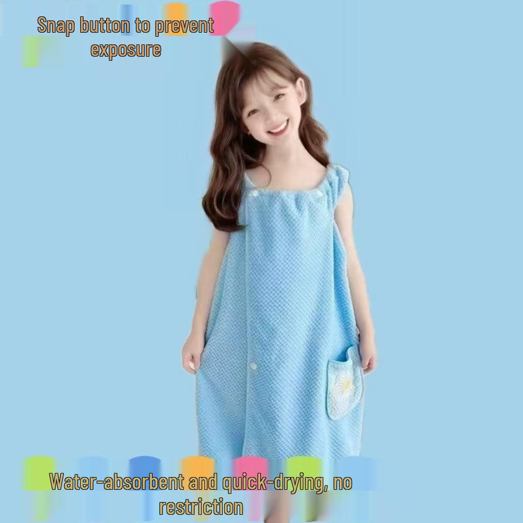 Polog Children's Quick-Dry Embroidered Bath Skirt Towel - Snap Button, Anti-Exposure, Non-Shedding, Non-Fading Coral Fleece.