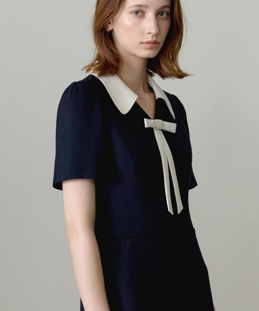 Ollibeudeollibeu Contrast Collar Ribbon Tie Mini Dress Ow6Mo4160