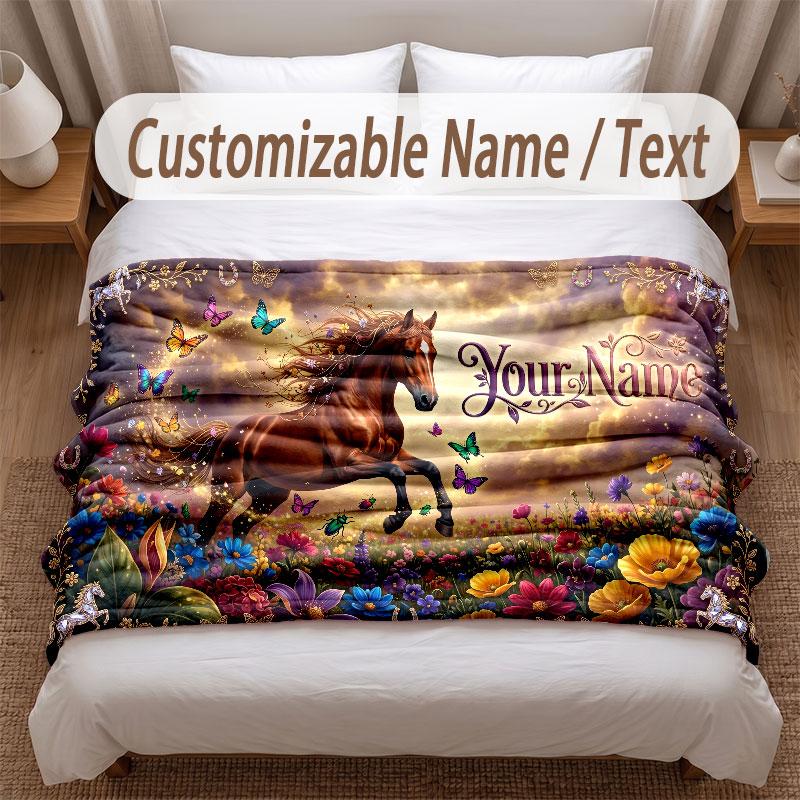 Horse Theme Soft Blanket Personalized Custom Name Text Print Warm Blanket Home Sofa Bedroom Decor