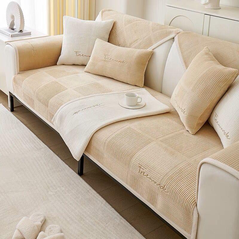 Milk Plush Velvet Sofa Cover Machine Washable Anti-fading Non-slip Armchair Cushion Towel Adjustable Skin-health Slipcovers