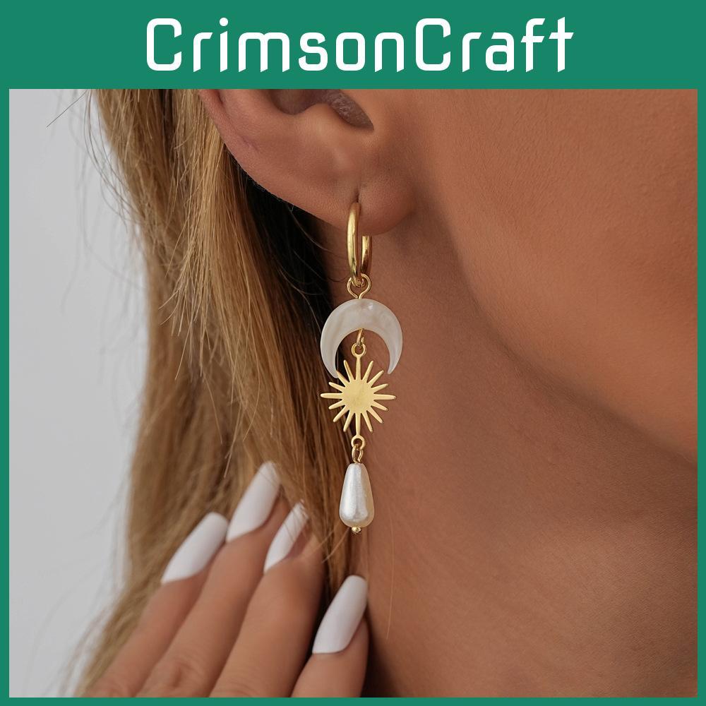 Sophisticated Gold Plated Moon Teardrop Earrings With Natural Shell