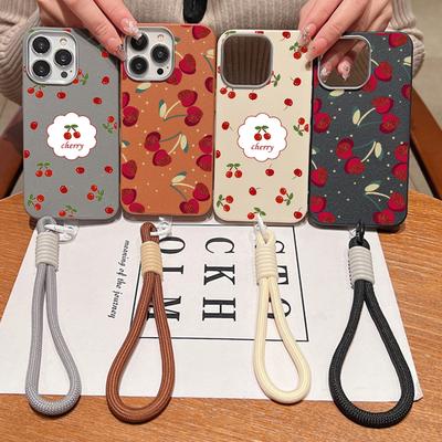 Cute Cherry Pattern Slim Soft Shockproof Phone Case For iPhone 16 Pro Max 15 Pro 14 13 12 11 Lanyard Matte TPU Leather Texture Bumper Cover