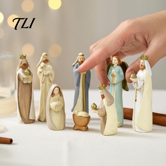 Indoor Holiday Home Decorations 8 Pcs Resin Nativity Figurines Set, Christian Scene Figures, Faith Based Christmas Religious Tabletop