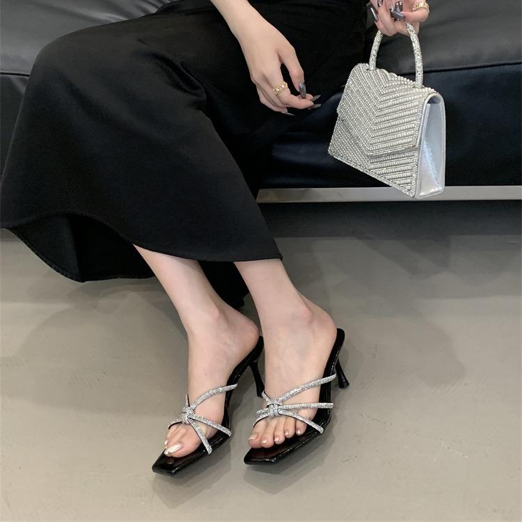 Square Head Rhinestone High-heeled Drag Women's Outer Wear 2025 Summer New Evening Wind Beauty One Foot Cool Slippers