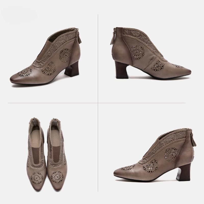 Johnature Sandals Genuine Leather Breathable Hollow-out Boots Retro Pointed High Heel Commuter Women's Shoes