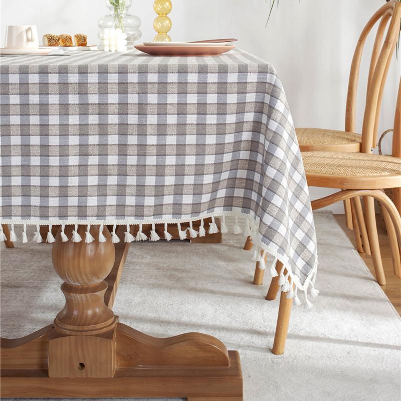 Silver Color Matching Plaid Polyester Fringed Tablecloth Geometric Rectangular Coffee Table Dining Table
