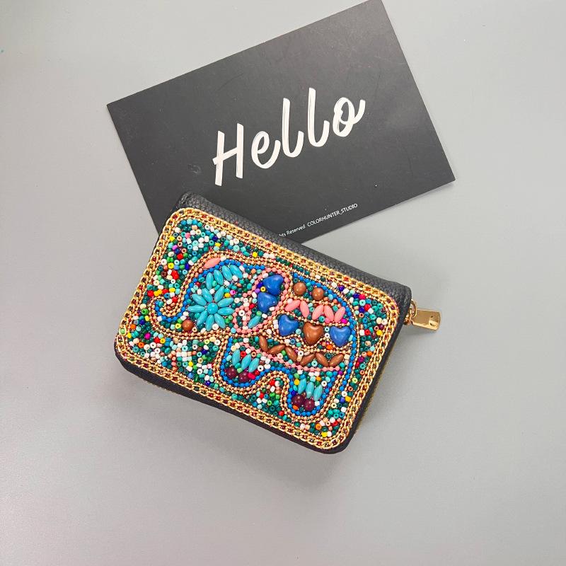 Ethnic Style Card Holder - Multi-layer Premium Hand-feel Vintage Delicate Beaded Zipper Pocket