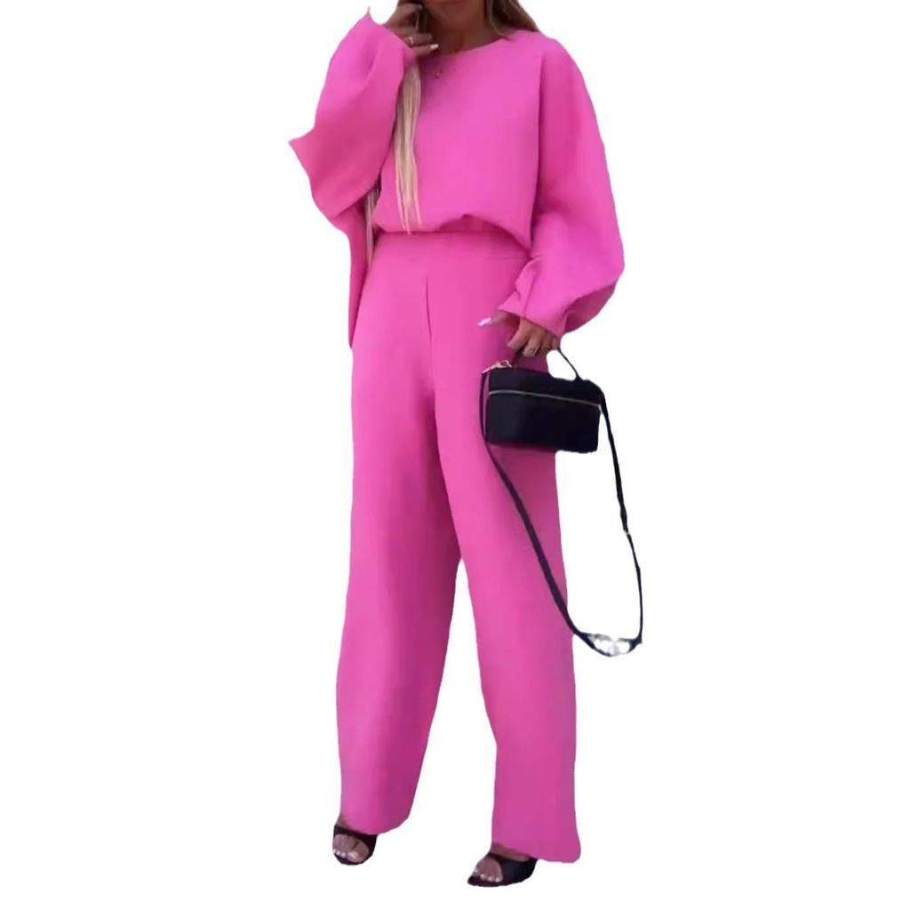 Autumn 2025 Women's Solid Color Round Neck Two-Piece Set with Long Sleeve Top & Elastic Waist Pants