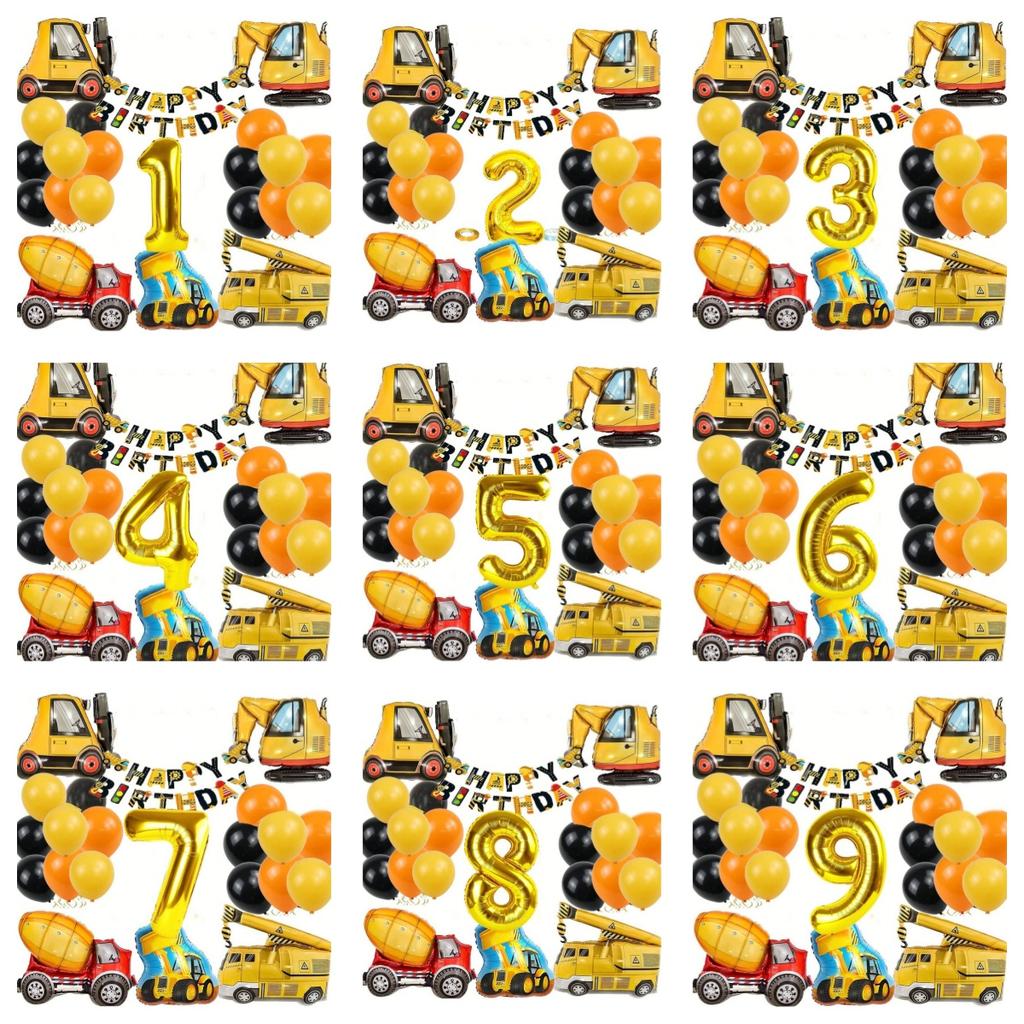 22Pcs Excavator, Tractor Engineering Vehicle Balloon Number 1~9 Balloons  Engineering Vehicle Flag Birthday Banner Decoration