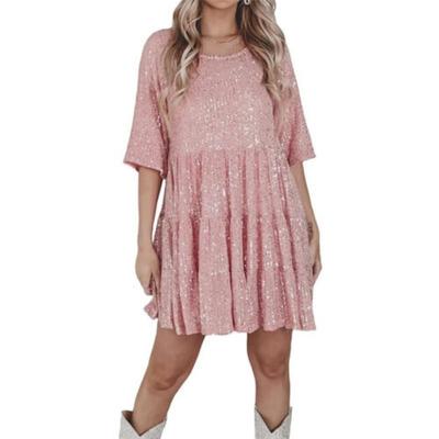 Spring and Summer Women's Dress Sequin Dresses Half Sleeve Round Neck Pleated Loose Dresses