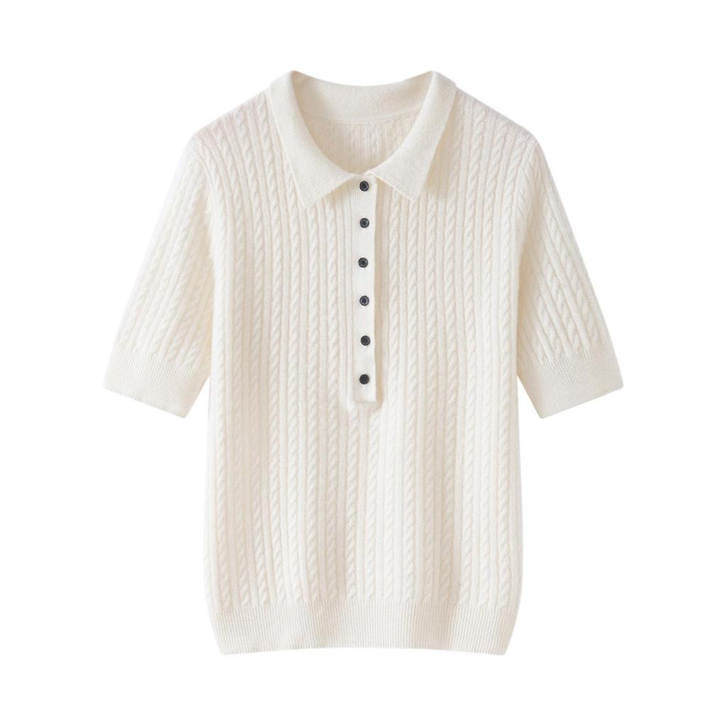 2026 Autumn Women's Cashmere Short Sleeve Cable Knit Polo Sweater Top