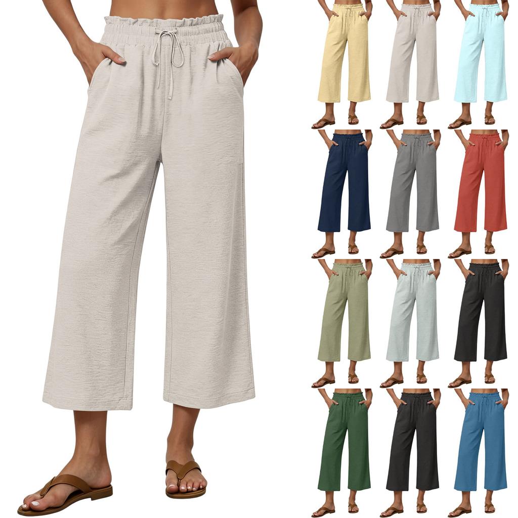 Women's Casual Loose-Fit High-Waisted Cotton-Linen Cropped Pants With Side Pockets
