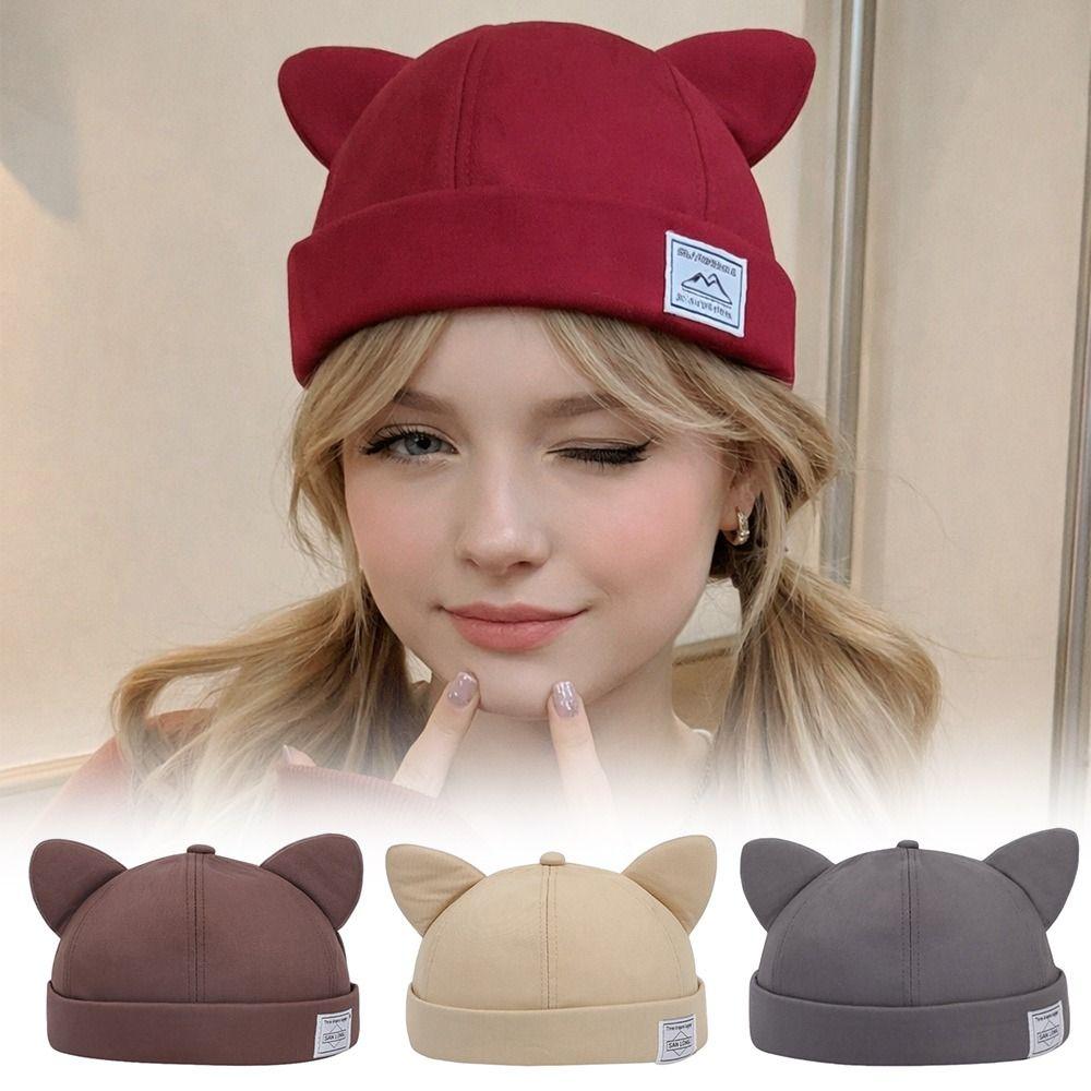 Fashion Cotton Cat Ears Landlord Hat Adjustable Solid Color Melon Skin Hat Hip Hop Brimless Docker Cap Outdoor