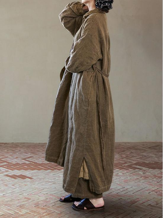 Autumn Barn Wind Trench Coat: Incense Color Ramie Cotton Long Sleeve Versatile Dress Coat C0930